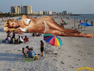 giantess collage blonde swimsuit beach barefoot cleavage buildings lying_down sand looking_at_viewer resort beach_goers lowerrider