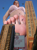 giantess collage toes barefoot buildings helicopter soles red_hair looking_down jets skyscraper sky point_of_view looking_at_viewer raised_foot imminent_crush zigi550