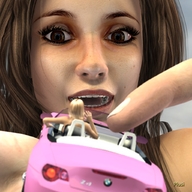 giantess blonde handheld finger brunette brown_eyes shrunken_woman driver looking_at_tiny plusi check_me_out digital_render
