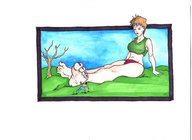 drawing giantess barefoot sitting shrunken_man outdoors pedicure looking_at_tiny pussyjuyce