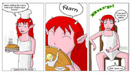 drawing vore color story red_hair sitting demoness shrunken_woman burp panels rubbing_belly pie moebius