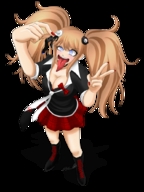drawing tongue clothed mouth handheld cleavage skirt shrunken_men shrunken_man dangle between_fingers bane imminent_vore downward_angle migs308 looking_at_tiny junko_enoshima dangan_ronpa