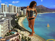 breasts giantess collage mega beach barefoot cleavage buildings looking_down sand mountains dark_skin corset tattoo resort sailboat beach_goers lowerrider