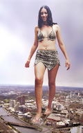 breasts giantess collage city mega destruction barefoot rampage bra skirt brunette looking_down river under_foot leopard_print bare_midriff