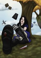 drawing crush blood boots sitting unaware outdoors knife shrunken_character stuck_to_foot