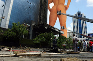 collage city giant male buildings low_angle skyscrapers sky construction behind_view