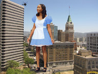 giantess collage city mega black_hair helicopter shoes smiling dress skyscraper standing streets cosplay dark_skin alice_in_wonderland lowerrider bare_legs hair_pin