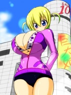 drawing giantess blushing blonde color blue_eyes cleavage huge_breasts looking_down mgear