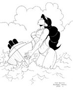 breasts drawing giantess mega monochrome swimsuit destruction rampage cleavage ocean ponytail muscles jasmine aladdin disney closed_eyes ships hairband wading musclebabe26