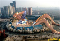 giantess collage city blonde destruction buildings stadium smoke looking_at_viewer lowerrider