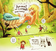 breasts drawing karbo vore blonde color one_piece story felarya shrunken_people forest monkey_d_luffy snake_girl mugiwaras straw_hat_crew crisis_(felarya)