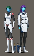 drawing giantess alien clothed boots uniform blue_skin shrunken_woman shrunken_man giantesses blazbaros luminaire_navy_officers alaerin_officers