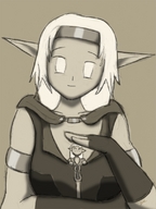 drawing blonde monochrome looking_at_viewer shrunken_character between_breasts