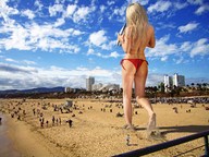 giantess collage blonde butt swimsuit beach barefoot wonderslug foot_print sand clouds sky behind_view keyara ciara_watts holding_boat