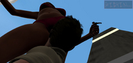 giantess swimsuit handheld buildings low_angle sky point_of_view digital_render