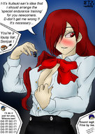 drawing gentle blushing handheld cleavage story red_hair mitsuru bow between_fingers shrunken_character persona persona_3_fes
