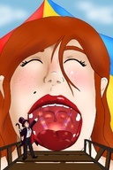 drawing giantess tongue mouth red_hair shrunken_man circus big_top imminent_vore walkway top_hat cane