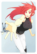 drawing color clothed handheld red_eyes red_hair shrunken_men grabbing looking_at_tiny
