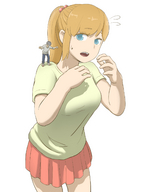 drawing gentle blonde color blue_eyes clothed skirt anime shrunken_man skirts shirt standing_on_shoulder uru on_shoulder no_background balance