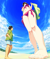 drawing gentle giantess feet small_man size_difference color swimsuit beach barefoot teston low_angle looking_down sky point_of_view