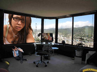 giantess collage small_man city cleavage buildings glasses brunette window office hiding tattoo looking_in lowerrider