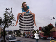giantess collage barefoot buildings sitting streets looking_at_viewer lowerrider mile_high_mikala