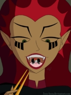drawing giantess vore color mouth teeth lips red_hair face chopsticks xiaolin_showdown shrunken_character jora-bora wuya cartoon_network