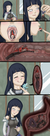 drawing vore blushing tongue mouth teeth handheld finger saliva dangle swallowed between_fingers licking_lips panels stomach_view throat_view looking_at_tiny hinata_hyuga naruto_(series)