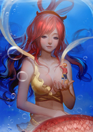 drawing handheld one_piece cleavage water mermaid red_hair shrunken_men shirahoshi looking_at_tiny