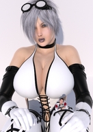 size_difference cleavage gloves shrunken_men grey_hair looking_at_viewer goggles ivory lace boomgts on_leg body_suit