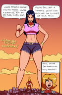 breasts drawing giantess city mega blonde black_hair color butt buildings low_angle multiple_sizes story mandy shorts looking_down giantesses clover point_of_view totally_spies top belt jumpsuit dialogue hands_on_hips bare_midriff hair_pin