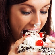 collage mouth brunette cake hand face shrunken_woman imminent_vore looking_at_tiny chocolate_covered dessert