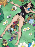 breasts drawing insertion pussy blushing black_hair color cum sex licking nico_robin one_piece barefoot sweat legs grass flowers sex_toy nipple_sex