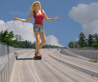 giantess collage feet blonde wonderslug legs highway vehicles sky looking_at_viewer jordan_carver vehicle_crush skate_boarding