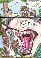 drawing giantess furry anthro sleeping color teeth cerberus shouting yelling hammock