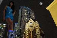 giantess collage city black_hair clothed buildings helicopter low_angle smiling wonderslug dress legs skyscraper night stars city_lights kerstin