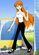 giantess city color high_heels buildings green_eyes red_hair vehicles stroll waving arthurt2013