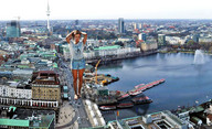 giantess collage city clothed barefoot buildings brunette legs streets vehicles looking_at_viewer pier waterfront ferry_boat