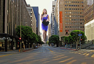 giantess collage city long_hair destruction helicopter wonderslug dress walking streets purple_dress between_buildings street_view clipboard annalynne_mccord