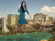 giantess collage clothed water high_heels buildings helicopter brunette smiling dress nylons wave sky las_vegas earrings fountain bracelet casino