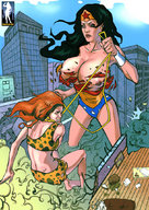 breasts drawing giantess city mega black_hair color destruction cleavage giganta red_hair fighting giantesses wonder_woman giantessfan ripped_clothing leotard tiara lasso cover_page leopard_print dc_comics outgrowing_clothes