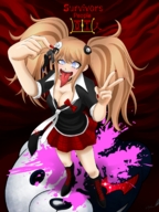 breasts drawing giantess vore blonde color tongue blue_eyes clothed mouth handheld cleavage skirt saliva pigtails uniform shrunken_man dangle between_fingers bane imminent_vore makeup downward_angle migs308 looking_at_tiny junko_enoshima dangan_ronpa