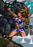 breasts drawing giantess mega color swimsuit robot sword red_hair muscles war union_jack british nazis army_men johnnyharadrim giant_robot centurion flag_bra