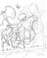 drawing giantess city mega monochrome destruction giant helicopter ponytail fighting civilians blazbaros barbarian med-evil