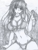 giantess city mega monochrome destruction cleavage skyscraper pencil_drawing looking_at_viewer shiotsumielinakema demon_queen embernaga