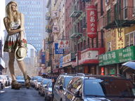 giantess collage feet blonde clothed traffic buildings shoes smiling dress sandals streets vehicles pedicure pixie_lott accasbel chinatown