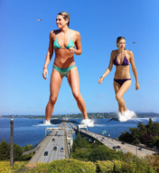 breasts giantess collage mega swimsuit bridge traffic smiling wonderslug legs giantesses standing bay vehicles sky jessica_hart ashley_hart