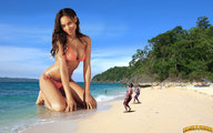 breasts giantess collage mega black_hair swimsuit beach small_men cleavage ocean smiling kneeling sand dark_skin looking_at_viewer lowerrider