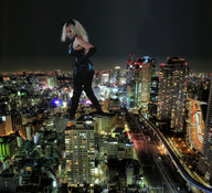 giantess collage city blonde destruction buildings wonderslug fire skyscraper smoke night city_lights downward_angle gisele leather_suit