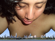 city mega breast_crush face airplane looming looking_down cruel skyscrapers point_of_view licking_lips